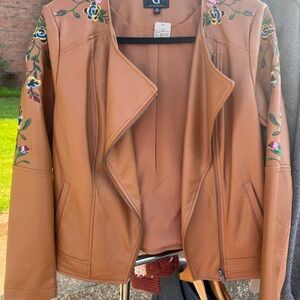 G by Giuliana Tan Leather Moto Jacket with Floral Embroidery